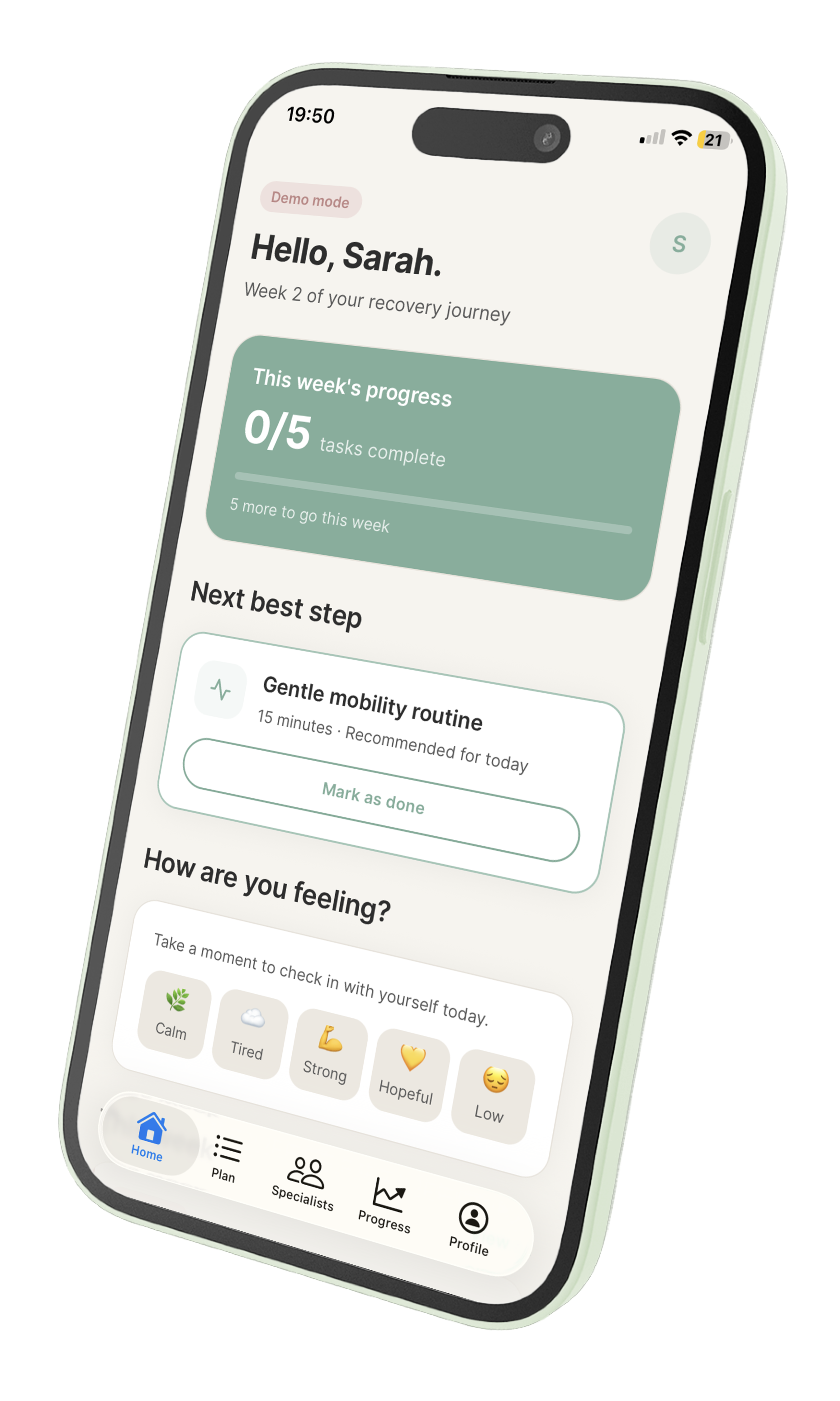 Tutela Postnatal app home screen showing personalised recovery plan